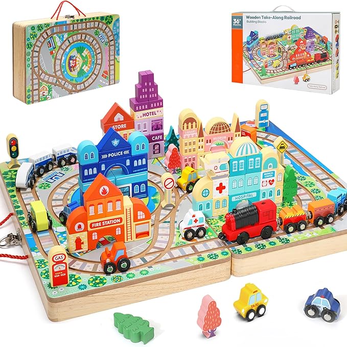 Large Wooden Building Blocks Set, Electric Train City Construction Stacking Blocks Preschool Learning Educational Toys,Wooden Take-Along Tabletop Railroad Play Set for Toddlers