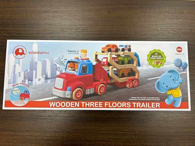 Toddler Toys for 2 3 4 5 Years Old Kids, Transport Car Carrier Truck Toy with 6 Wooden Vehicle, 30in Foldable Track Trailer with Light & Sound Effects, Best Gift Choice for Christmas, Birthday