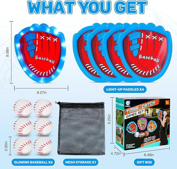 CozyBomB Toss and Catch Ball Game Set - Toddler Sports and Outdoor Toys, Sticky Baseball Glove Catch Games for Kids, Birthday Gifts for 3-10 Year Old Boys Girls (4 LED Paddle 6 Balls Vibration Flash)
