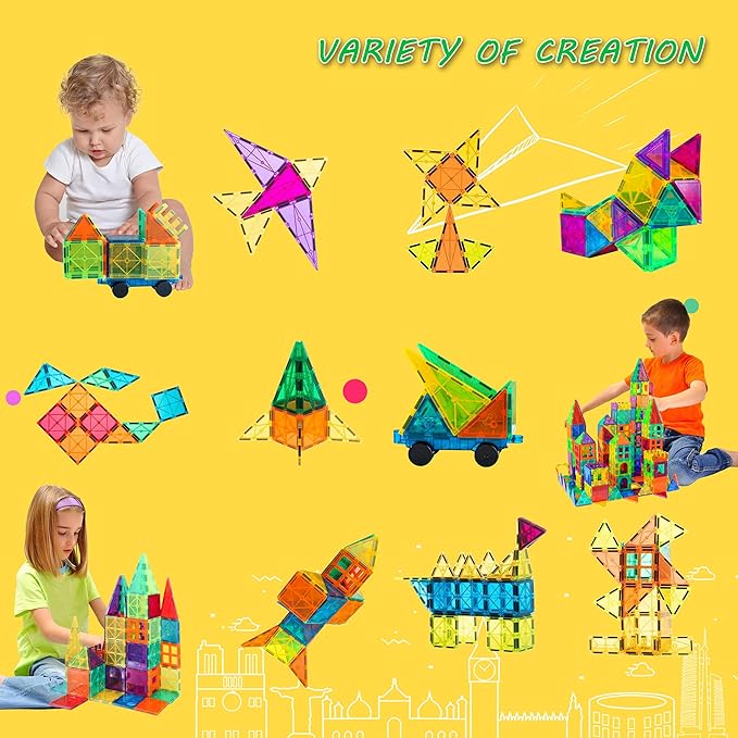 Bmag 100PCS Magnet Building Blocks with 2 Carsfor Kids, Magnetic Tiles Stacking Building Set for Boys Girls, STEM Preschool Educational Learning Construction Toy