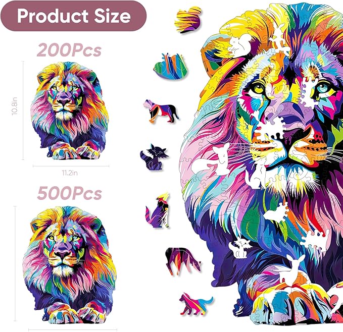 Unique Wooden Jigsaw Puzzles - Lion, 500 Pcs King Size 13.4'' x 16.9'', Luxurious Animal Shaped Wood Puzzle, Beautiful Package, Best Gift for Adults