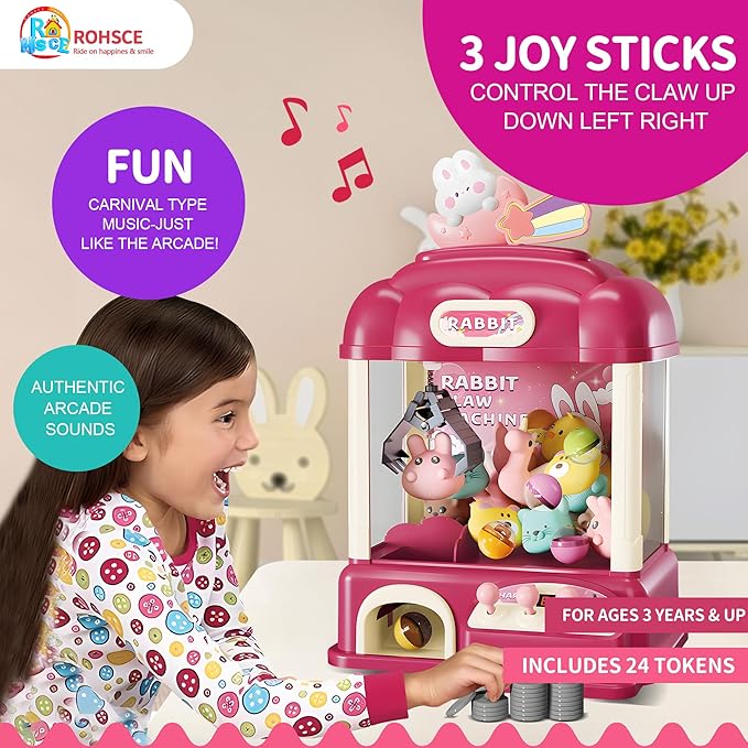 Kids Claw Machine with Toys Inside, Vending Machine Lights & Sound, Electronic Mini Claw Game for Boys & Girls, Birthday & Party Gift, Includes 25 Plush Toys, Surprise Eggs & USB Cable
