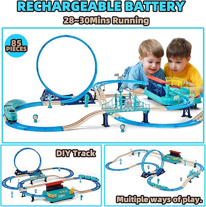 Electric Train Sets, Christmas Trains Toys Rail Head, Passenger Carriages, Tracks, Light & Sounds Rechargeable 360° Transformed DIY Train Track Set Birthday Gifts for Boys Girls