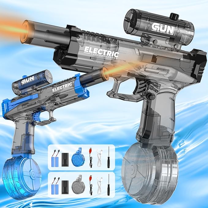 2 Pack Electric Water Guns,Water Soaker Blaster with Muzzle Light,Squirt Gun Range 23-32 FT,Outdoor Party Summer Water Shooting Game Toy with 4 Batteries,Ideal Watergun Gift for Kids & Youths.