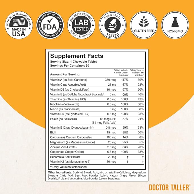 Doctor Taller Kids - Kids Multivitamins, Toddler Vitamins - Support Bone Strength, Enhanced Immunity with Calcium, Multivitamins for Ages 2 to 9 - Grape Flavor - 90 Vegan Chewable Tablets | 1 Pack