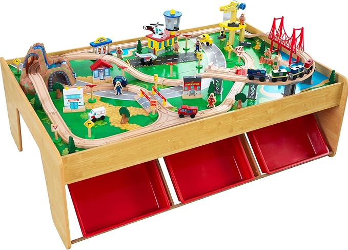 KidKraft Waterfall Mountain Wooden Train Set & Table with 120 Pieces, 3 Storage Bins