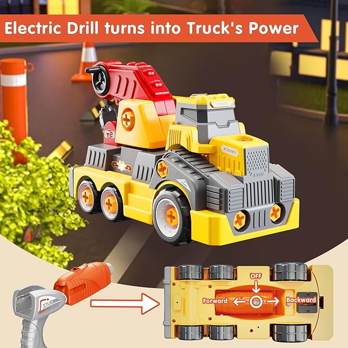 11inches Large Take Apart Construction Toys Crane Trucks for Boys Girls Kids 3-10 Year Old Electric Drill Toys