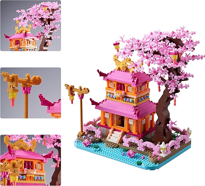 Cherry Blossom Tree House Micro Building Blocks Set Enjoy Flower Pavilion 1810pcs Exquisite Architecture Model Kit for Girls and Women (Adults or Kids Age of 14+)