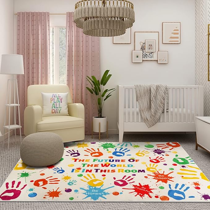 Colorful Kids Handprints Area Rug, Non-Slip Play Mat, Ultra Soft Thick Plush Indoor Rug for Playroom, Classroom, Nursery Decor (59 X 39.4 INCH)
