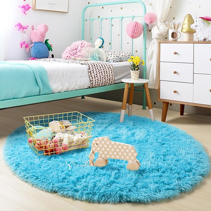 Blue Round Rug 5Ft for Bedroom, Washable Fluffy Circle Area Rugs for Kids Room Baby Nursery Playroom, Living Room Decor Aesthetic, Plush Shaggy Fuzzy Turquoise Carpet for Apartment Preppy Classroom