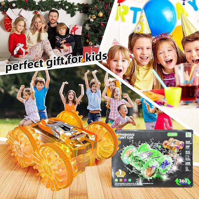 Amphibious Remote Control Car,RC Cars Toys for Kids Ages 6-12,Double-Sided Driving 360° Flips Rotating Car Toy RC Gesture Stunt Boat with LED Lights,Water Beach Pool Toys for Boys Girls (Orange)