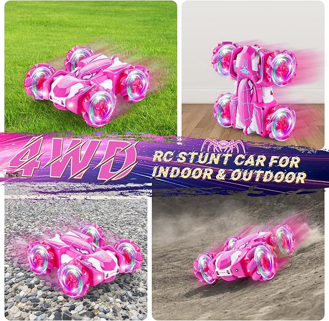 Spider Remote Control Car, 2.4Ghz Double Sided RC Cars with LED Light 360° Rotating 4WD Rechargeable RC Stunt Car Spider Toys for Boys 4-6 5-7 8-13 Girls Gifts Indoor Outdoor, Pink