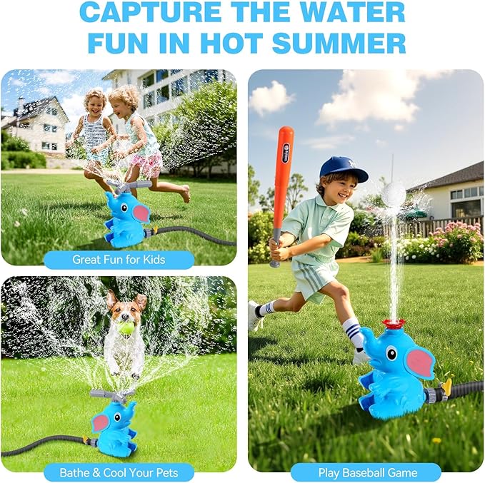 HeySplash Water Sprinkler Baseball Toy, 2 in 1 Water Spray Sprinkler Ball Set with 2 Detachable Sprinkler Heads, Outdoor Summer Toys Outside Toys for Toddlers and Kids, Blue Elephant