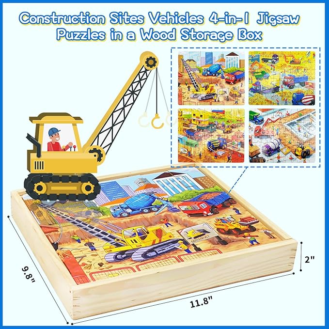 Wooden Puzzles for Kids Ages 4-8, Construction Sites Vehicles 4-in-1 Jigsaw Puzzles in a Wood Storage Box, 24 48 60 88 Pieces Construction Vehicles Puzzles Toys for Toddlers Kids Ages 3 4 5 6