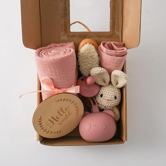 Baby Gift Set for Newborn, New Baby Bath Gift Set, 7 Pcs Baby Essentials Shower Set with Bath Towel, Teether, Rattle Toy, Pacifier Bag, Drool Towel, Brush, Wooden Milestone for Boy & Girls (Pink)