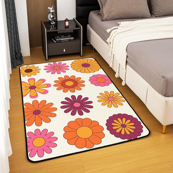 Colorful Groovy Flowers Area Rug 5x7 60S 70S Hippie Rug Cute Aesthetic Floral Carpet for Kids Girls Teen Women Multicolored Botanical Kawaii Decorative Non Shedding Decorative Rug