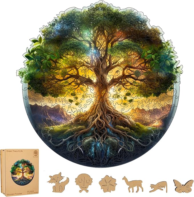 Green Tree of Life Wooden Jigsaw Puzzle for Adult and Kids 300 Pcs Unique Shape Multicolor Wood Storage Box Challenge Brain Teaser Family Game Creative Gift for Friends Rompecabezas Madera