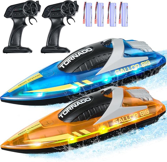 VEVOR RC Boat for Kids, 2Pack Remote Control Boat for Pools & Lakes, Racing Boat with LED Light & 4 Rechargeable Batteries, Whole Body Waterproof, Water Play Toy Gift for Adults Boys & Girls
