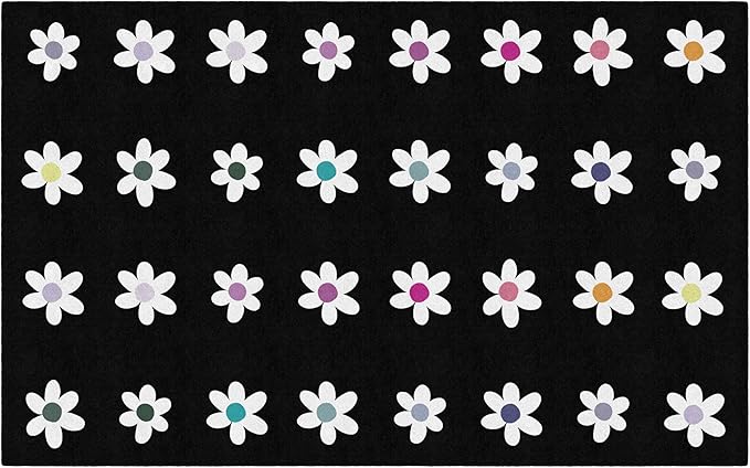 Flagship Carpets Schoolgirl Style Daisies on Black Criss-Cross Applesauce Educational Area Rug for Kids Room, Children's Classroom, Play Carpet for Teaching and Playroom, 7'6" x 12', Seats 32