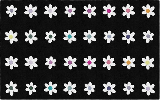 Flagship Carpets Schoolgirl Style Daisies on Black Criss-Cross Applesauce Educational Area Rug for Kids Room, Children's Classroom, Play Carpet for Teaching and Playroom, 7'6" x 12', Seats 32