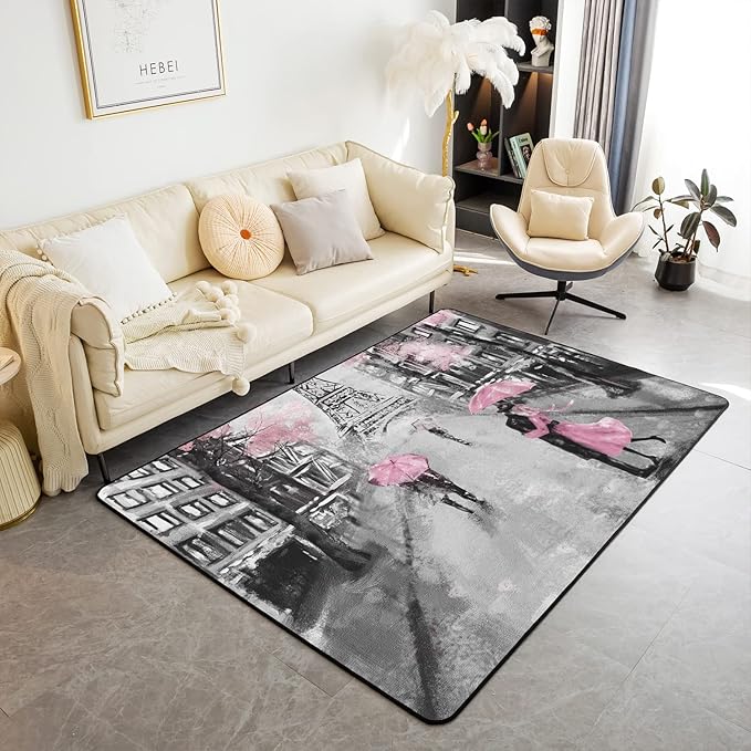 Paris Area Rug 3x5, French Eiffel Tower Rugs for Girls Kids Women, Paris Themed Cherry Blossoms Carpet, Couple Retro Gray Building Non Slip Pink Grey Decorative Rug for Living Room