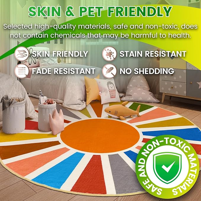 Washable 4Ft Round Sun Area Rug for Living Room, Rainbow Sun Modern Abstract Boho Circle Rug, Ultra Thin Low Pile Lightweight Indoor Carpet Mat with Non-Slip Backing for Bedroom Kids Nursery Play Room