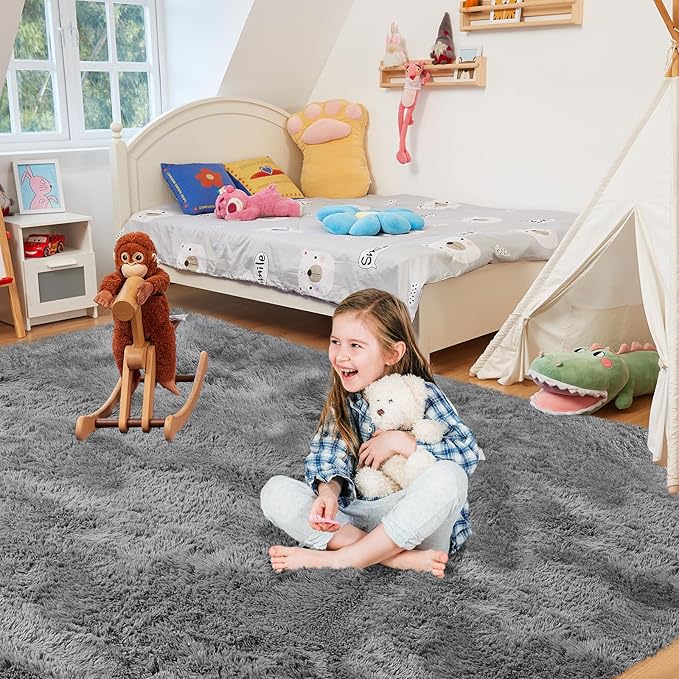 Ultra Soft Rug for Living Room, 8X10 Grey Fluffy Shag Area Rug for Bedroom, Modern Shaggy Carpets Fuzzy Rug for Teens Dorm Nursery Home Decor Aesthetic, Upgrade Anti-Skid Durable