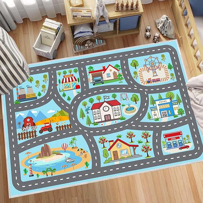Kids Rug Car Rugs Play mat Carpet for Kids Toy Cars for Playroom Classroom Kids Room, Educational Area Rugs with Non-Slip Road Traffic Floor Rug Mats, Ideal Gift for Nursery Children Boy Girl 4x6ft