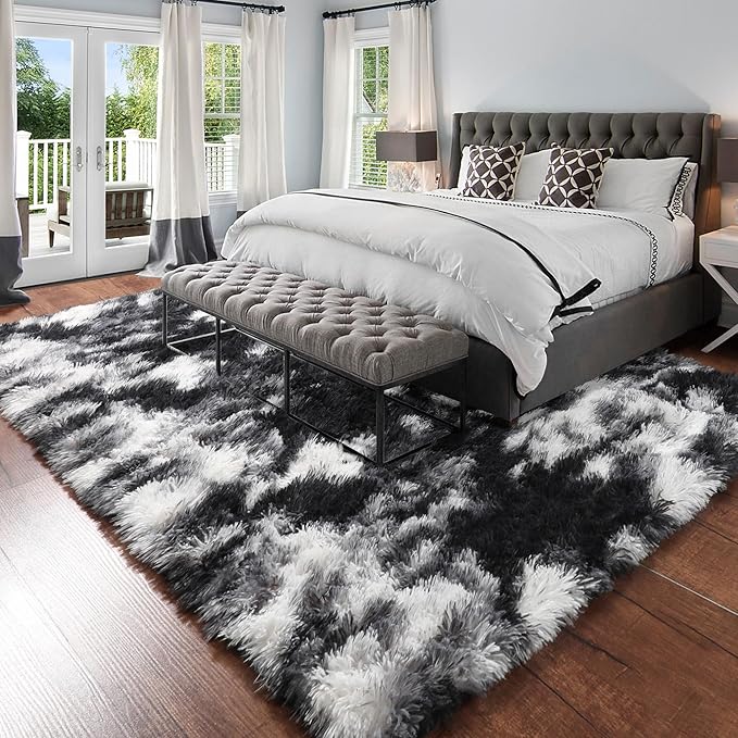 Amdrebio Black White Grey Area Rugs for Living Room, 5x8 Soft Fluffy Rugs for Bedroom, Furry Plush Rug for Kids Room, Modern Large Shaggy Rug for Men, Boy, Aesthetic Cool Floor Carpet for Dorm