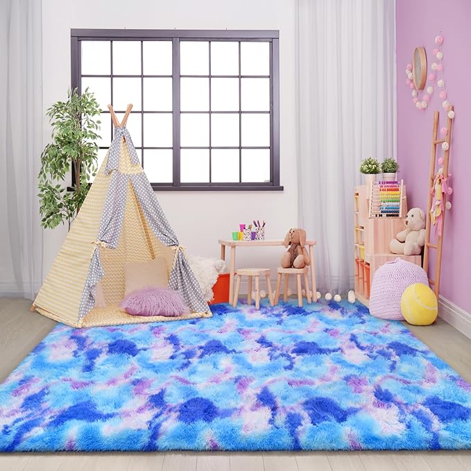 AROGAN 8x10 Feet Soft Runner Rugs for Bedroom Plush Fluffy Rug, Shag Furry Area Rug Carpet Non Shedding for Nursery Children Kids Girls Room Home Hallways Decorative, Blue and Purple