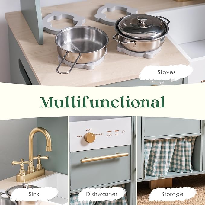 ROBUD Play Kitchen Set, Wooden Play Kitchen with Ice Maker, Fridge, Coffee Machine, Oven, Dishwasher, Microwave, Kitchen Accessories, Toy Kitchen Gift for Boys Girls, 3+