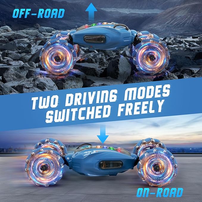 Remote Control Car, 4WD Gesture Sensing RC Stunt Car for Kids with Light & Music, 2.4Ghz 360°Rotation RC Toy with Spray, Hand R/C Speedcar for Boys Girls Age 6 7 8 9 10 Year Old Blue