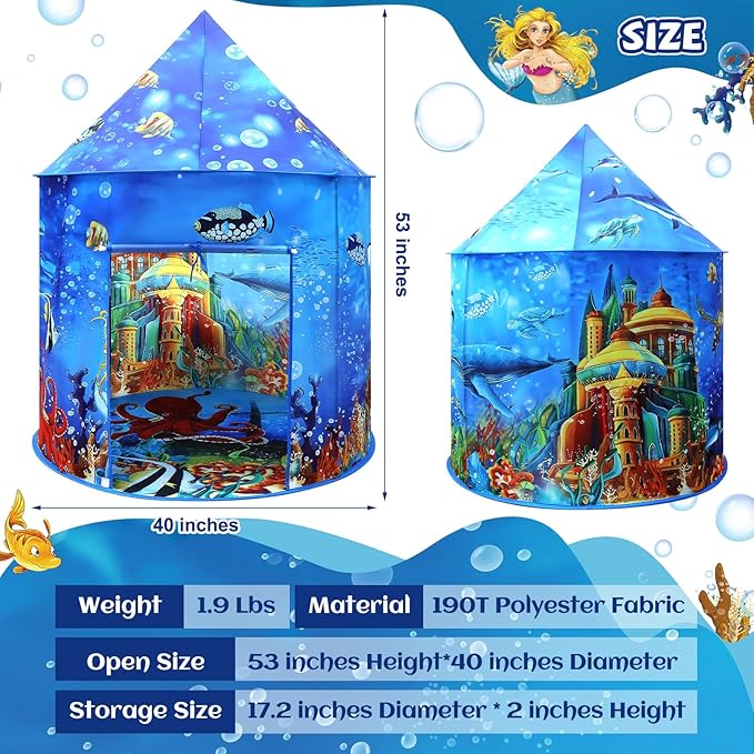 Ocean Kids Play Tent Princess Toys Under Water Kids Tent Mermaid Playhouse Indoor for Girls Toddler Tents Inside Sensory Play House Ages 3-5,4-7 as Birthday Gift