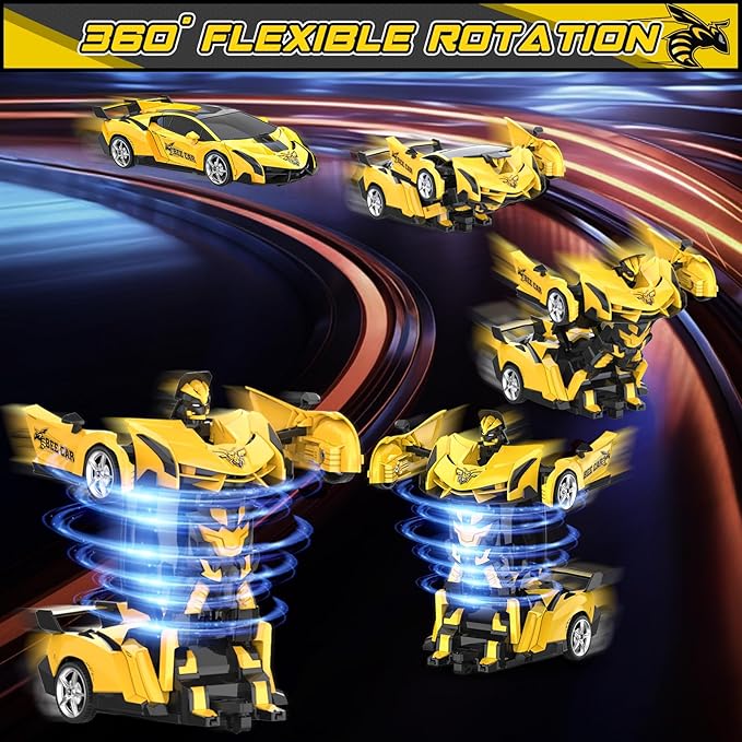 BLUEJAY Transform Rc Cars for Boys 4-7 8-12, 2.4Ghz Remote Control Car 1:18 Scale Transforming Robot, One-Button Deformation 360° Rotation Car Toy Gifts for Boys 3-5 (Bee)