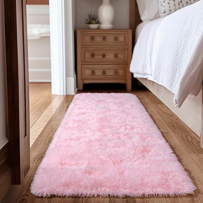 Super Fluffy Throw Rug for Bedroom, Modern Shag Pink Area Rugs, Soft and Cozy Plush Small Carpet for Kids,Girls Boys and Teens Decorations for Living Room Dorm Nursery Classroom, 2x6 Feet