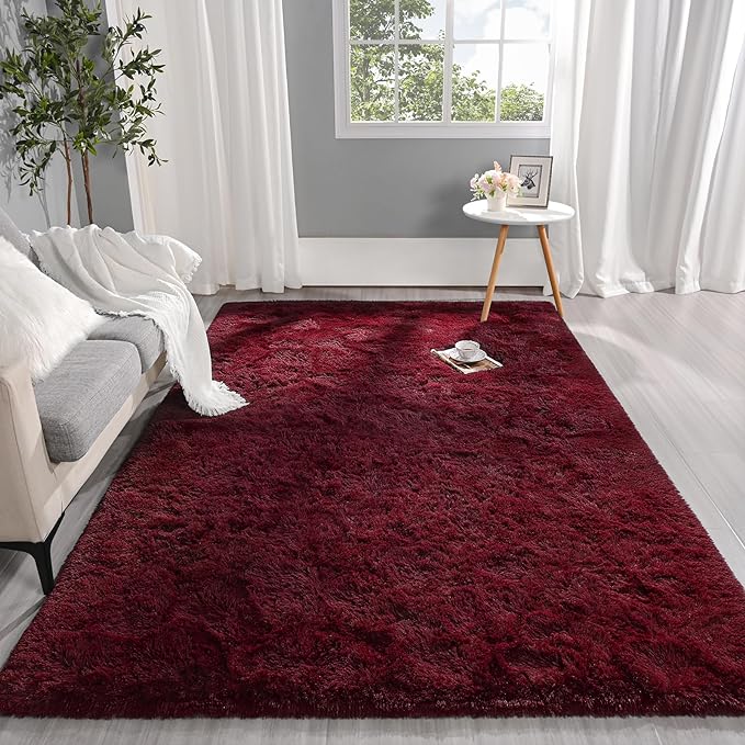 Pettop Fluffy Burgundy Rug for Bedroom Living Room, 6x9 Feet Super Soft Shaggy Plush Fuzzy Rugs for Girls Kids Boys, Non-Slip and Washable Rug for Nursery Classroom, Carpet for Rooms Decor