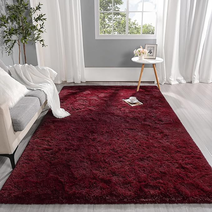 Pettop Fluffy Burgundy Rug for Bedroom Living Room, 8x10 Feet Super Soft Shaggy Plush Fuzzy Rugs for Girls Kids Boys, Non-Slip and Washable Rug for Nursery Classroom, Carpet for Rooms Decor