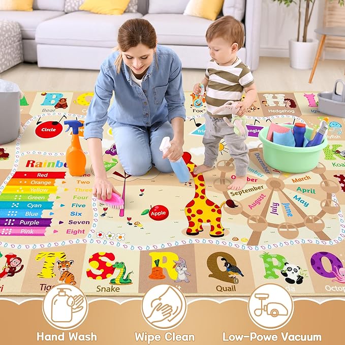 Chicrug Educational Kid Area Rug for Playroom, 5x7 Feet TPR Non Slip Kids Classroom Carpet Rug for Learning ABC Animal, Shape Color Fruit, Washable Play Mat Rug for Children Nursery Toddler Room Decor