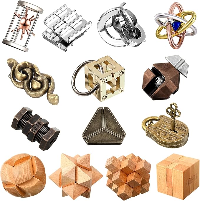 Syhood 14 Pcs Brain Puzzles Teaser for Adults Metal 3D Steel Mind Games Wooden Unlock Interlocking Puzzle Adult Iq Education Toys Smart Toy(Educational)