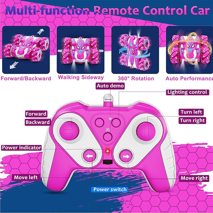 Remote Control Car for Girls, Rechargeable RC Cars Toys with Cool Lights, 2.4Ghz Double Sided Drift RC Stunt Cars, 360°Rotating 4WD Off-Road Race Car for 4-6 6-12 Girl Kids Gifts