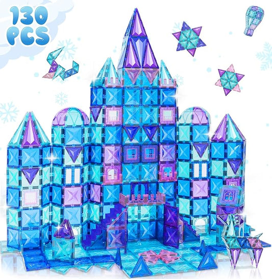 130Pcs Magnetic Tiles, 3D Diamond Magnetic Building Blocks Toys for Girls, STEM Sensory Educational Toys for Toddlers Kids, Birthday for Girls 3 4 5 6 7 8+ Year Old