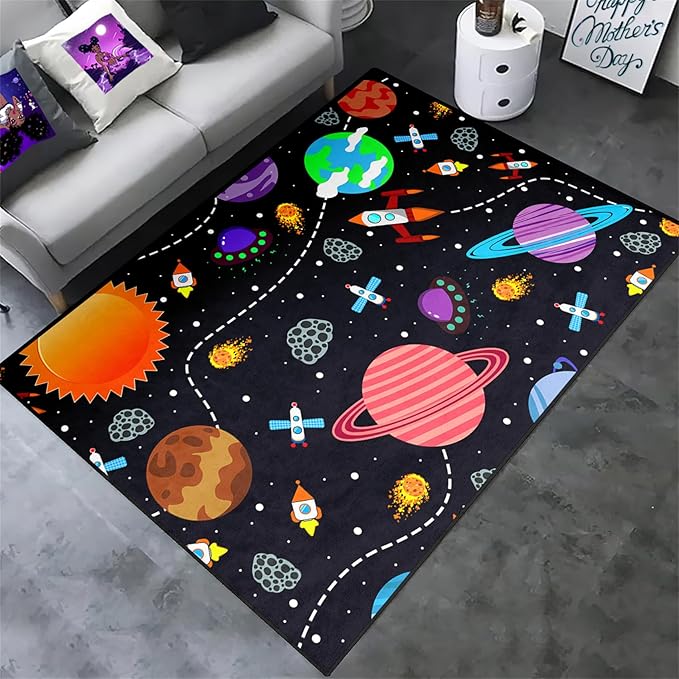Outer Space Area Rugs - 4'×5' Boys Galaxy Planet for Bedroom Carpet Rug Solar System Rugs Space Rugs for Bedroom Boys Space Area Rug Living Dining Room Decor Crystal Polyester Door Mats
