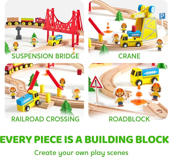 60PCS Wooden Train Set - Construction Express, Engineering Railway with Magnetic Crane, Trains & Accessories, Perfect Christmas Birthday Party Toy Gift for Kids Toddlers Boys Girls Ages 2-8