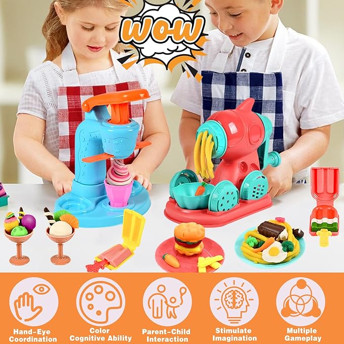 3 in 1 Color Dough Kitchen Creations Set, Ice Cream Noodle Hamburger Maker Machine, Art Crafts Food Modeling Play Toys, Deluxe Tools Kit for Boys Girls Kids Toddlers Ages 3+ (12 Colors Dough)