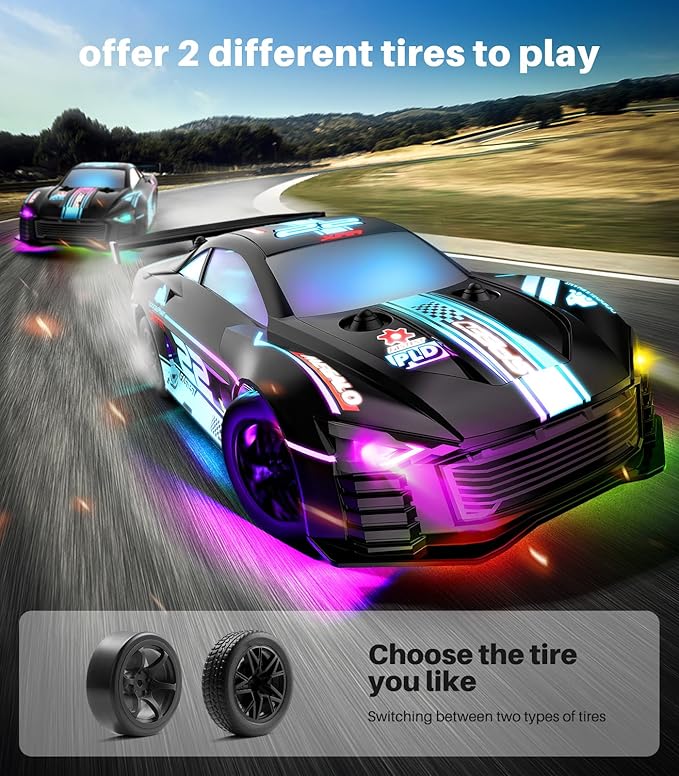 RC Drift Car, 4WD Remote Control Vehicle with LED Lights, 2.4GHz Race Car with Drifting & Racing Tires, 2 Rechargeable Batteries, Gifts Toys for Kids Boys Girls Adults