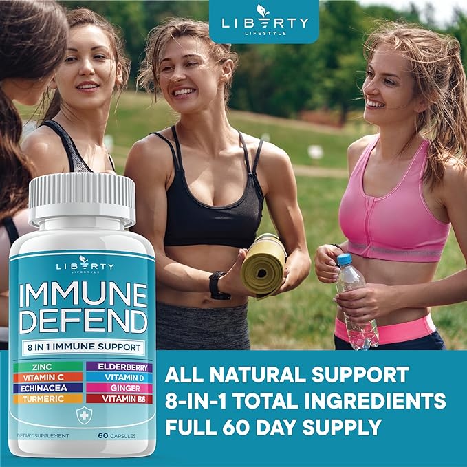 8 in 1 Immune Defense Support, Immunity Capsules Supplement with Echinacea Zinc 50mg, Vitamin C, D3 5000 IU, Turmeric Curcumin & Ginger, Echinacea - for Kids Adults (1 Pack)