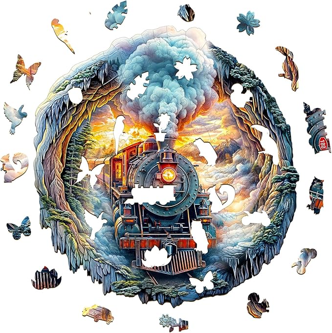 KAAYEE Wooden Puzzles for Adults 170 Pieces Visual 3D Steam Train Wooden Jigsaw Puzzles for Adults Unique Shaped Train Wood Puzzle Gifts for Mother's Day Adult Kids(11.4 * 11 in)
