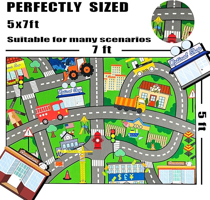 Car Track Rug - Car Rugs for Kids Toy Cars City Life Car Road Rug for Kids Large Kids Play Mat Car Rug for Kids Boys Girls Playroom Living Room Bedroom Classroom, Green, 5'×7'