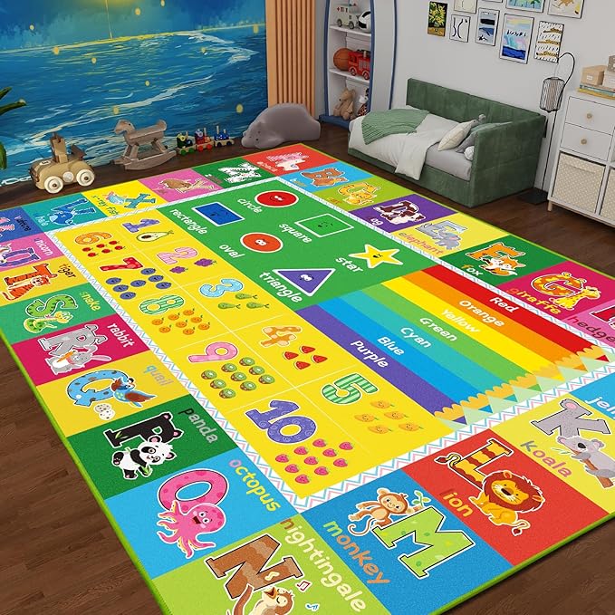 ABC Carpet, Kids Rugs for Playroom, Educational Play Mat for Kids, Preschool Rugs with ABC, Numbers, Animals Learning Rugs for Bedroom Playroom Classroom Baby Toddler Children (Yellow, 78.7X59 INCH)