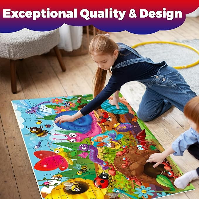 QUOKKA Giant Floor Puzzle for Kids Ages 4-6 – 2x3 Feet Extra-Thick 48 Pieces Toddler Puzzle Ages 3-5 – Bugs Educational Activity for Boys Girls – Premium Box with Sturdy Handle & Magnetic Closure